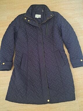 Cole Haan Navy Quilted Long Puffer Coat with Gold Hardware